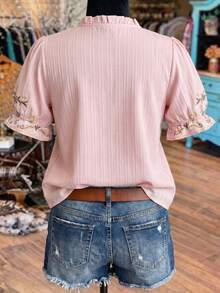 Linhara Floral Print V-Neck Puff Sleeve Blouse, Textured Pleated Fabric, Suitable For French Afternoon Tea, Light Office Commute, And Beach Vacation - Multicolor - View 2