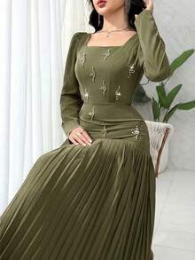Feyla Women's Elegant Party Banquet Dress With Square Neckline, Puff Sleeves, Rhinestone Decor And Pleated Hem, Suitable For Spring And Autumn - Army Green - View 5