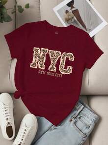 EMERY ROSE Áo thun in chữ họa tiết da báo phong cách thường ngày, thích hợp cho mùa hè. - Màu Đỏ Sâu - Xem 1