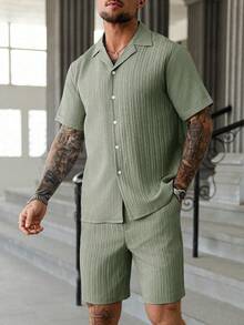 Manfinity Homme Bộ áo sơ mi và quần short nam kiểu dáng thường ngày cho kỳ nghỉ - Màu xanh Bạc hà - Xem 4