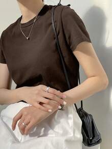 Dazy-Less Solid Crew Neck Crop Tee Old Money Style Summer Business Casual Woman Work Clothes - Chocolate Brown - View 2