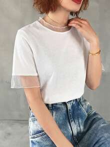 FRIFUL Women's Casual Loose Sheer Mesh See-Through Solid Color T-Shirt, Versatile For Spring And Summer - White - View 4