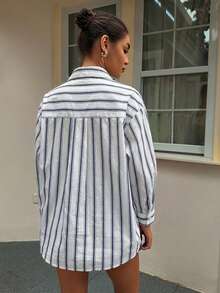 Camisa casual y holgada de 2 en 1 con rayas para mujer - Azul - Ver 2