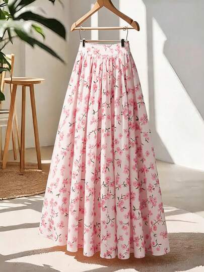 Franclia Pink Peach Blossom Print High Waist Pleated Skirt, Korean Style Voluminous Maxi A-Line Skirt