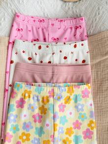 4pcs/Set Newborn Baby Girls' Casual Everyday All-Match Colorful Floral & Striped Print Bottoms, Spring/Summer - Multicolor - View 3