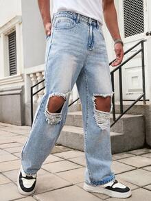 GALLERY FADE Jeans rectos de pierna suelta con efecto desgastado y estampado de copos de nieve, estilo urbano y hip hop - Lavado ligero - Ver 4