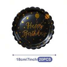 Black Base Gold Birthday Balloon Petal Disposable Plates, Napkins And Cups Set, Serves 20 Guests. This Disposable Party Supplies Set (Including Plates, Napkins And Cups) Is Perfect For Birthday Parties, Weddings And Family Picnics. - View 9