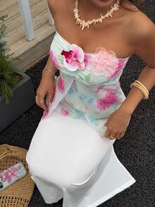 Cévolie Women's Floral Strapless Top With 3D Flowers,White,Summer,Tropical,Garden Party Golf,Holiday,Vacation,Fitted French Sweet Casual Sexy Top - Multicolor - View 1