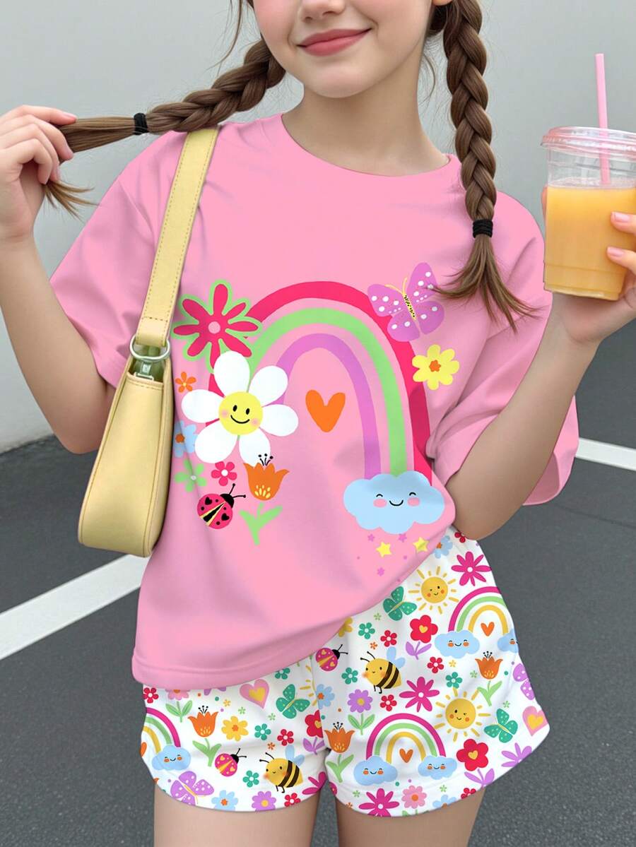 青少年女孩休閒可愛俏皮花卉臉孔、彩虹、昆蟲、蝴蝶印花短袖短褲兩件套,適合夏季圖案、日系可愛、Y2k、舒適女孩套裝,度假穿搭 - 彩色 - 查看 1