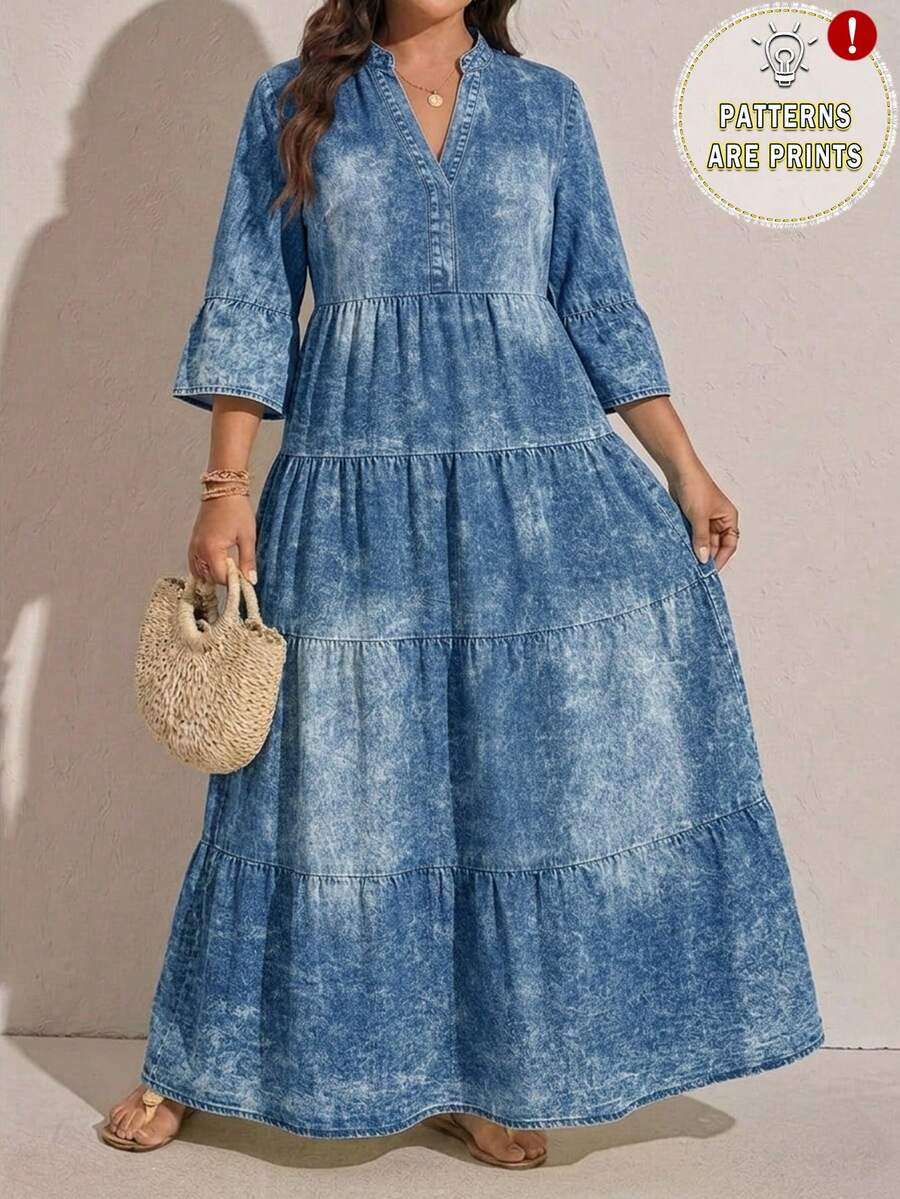 Comfylo Vestido elegante con cuello en pico y volantes en el bajo para mujer de talla grande en azul