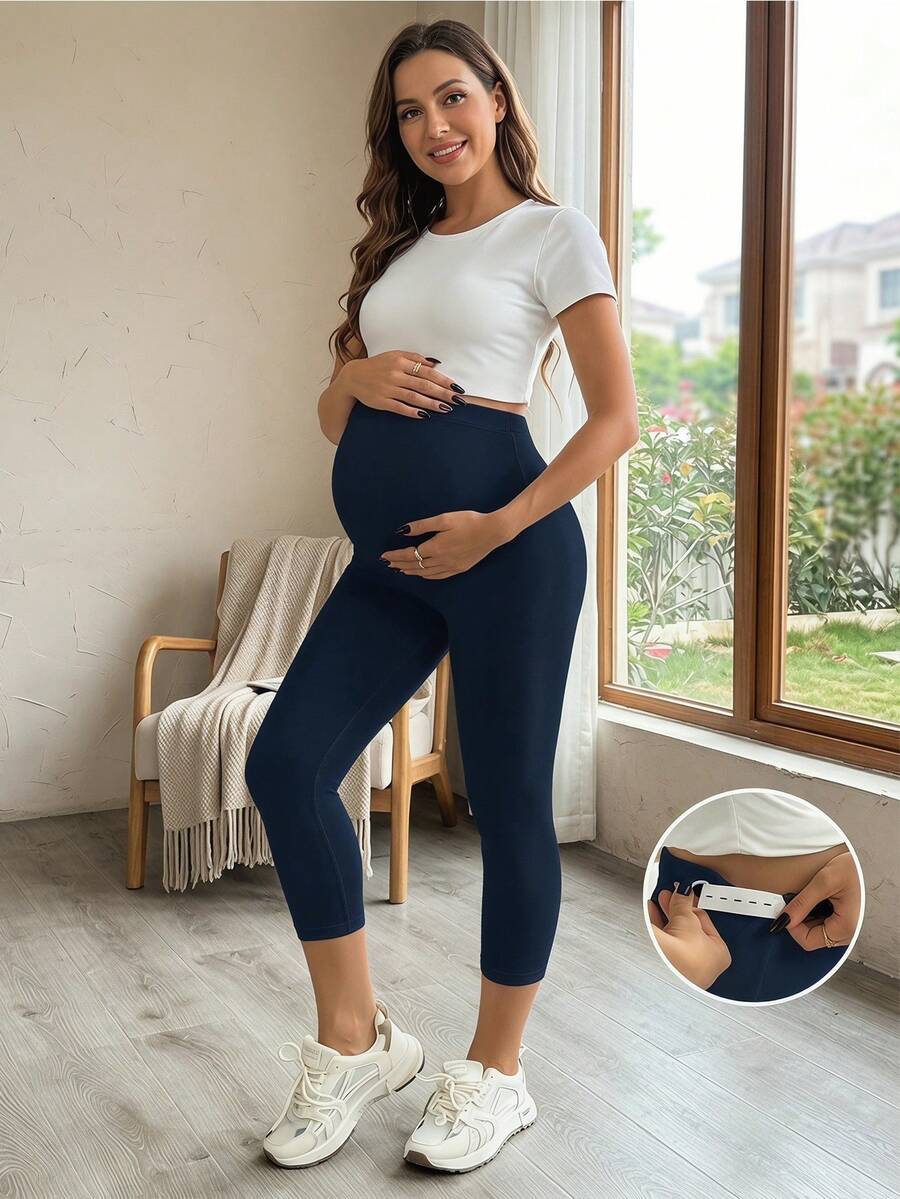 SHEIN , Nursing Mom Tight Pants, High Elastic Non-Transparent Yoga Sports Belly Support Trousers, Suitable For Spring, Summer, All Seasons Maternity Capris Pregnancy Capri Pants Maternity Yoga Pants Women Pregnancy Pants Maternity Leggings - Blue - View 1
