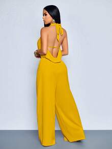SOLERSUN Women's Elegant Vacation Mustard Yellow Halter Cowl Neck Backless Pockets Wide Leg Jumpsuit, Suitable For Office Bar Party Business Summer - Yellow - View 3