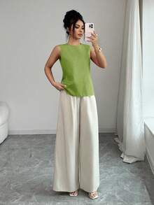 Elenzga 2件組女款夏季優雅竹纖維無袖上衣與寬腿褲套裝，淺米色休閒通勤茶會套裝，橘色上衣，杏色長褲 - 綠色 - 查看 8