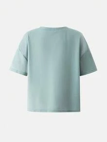 SHEIN 2件組少女休閒綠色夏季標語印花落肩T恤與長褲，母女套裝運動休閒服 - 綠色 - 查看 6