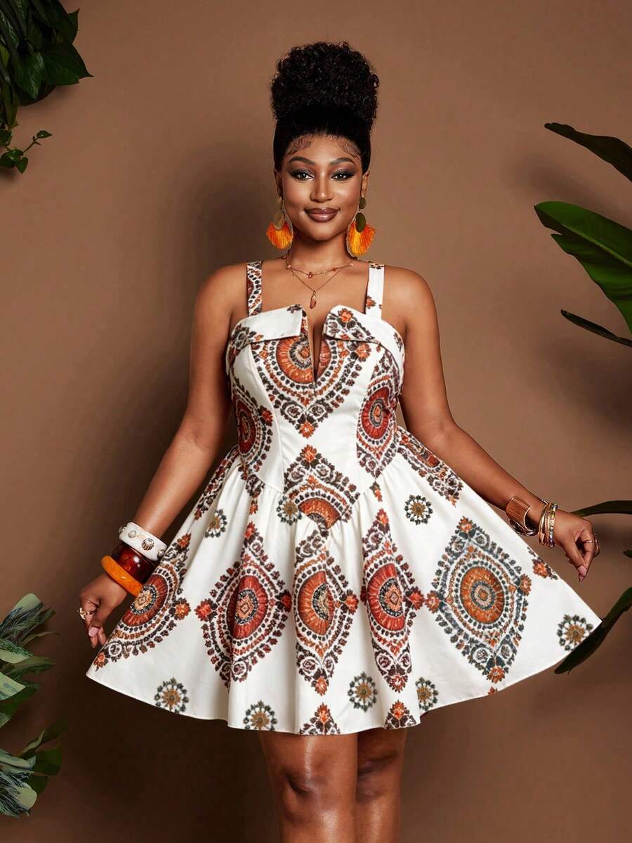 Maweii Plus Size Women's Underwire Small V-Neck Detailed Cinched Waist Wide Shoulder Strap Floral Print Holiday Outfit Dress - Multicolor - View 1