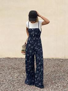 Livesso Women's Casual Ditsy Floral Washed Straight Leg Jeans, Overalls And Jumpsuits, Suitable For Spring And Summer, Vacation And Street Style - Blue - View 5