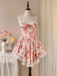 Sweetness Đầm ngắn nữ phong cách retro cung đình lãng mạn ngọt ngào họa tiết hoa toàn thân, viền ren, vạt bất đối xứng. - Hồng - Xem 5
