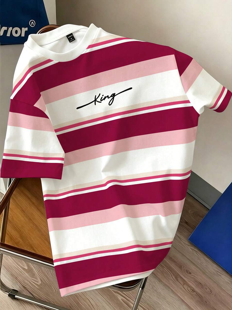 Manfinity Joysei Camiseta casual de hombre con bloques de color y rayas, de verano - Rosa Fucsia - Ver 1