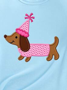 SHEIN Cute Brown Puppy Cartoon Animal Print Casual Basic Blue Short T-Shirt, Comfortable Daily Wear, Suitable For Spring, Summer And Autumn Girls - Blue - View 6