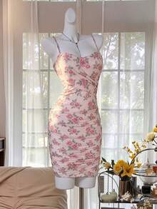 Celisse Vestido mini con estampado floral y tirantes cruzados, tela de malla - Rosa Pálido - Ver 7