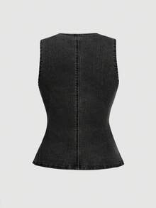 SHEIN MOD 女款單排扣休閒百搭牛仔上衣，適合日常穿著 - 黑色 - 查看 2