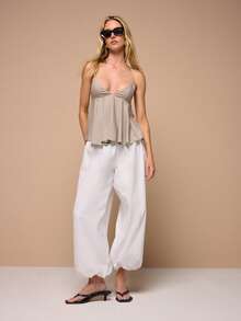 KSTM Strappy Peplum Tank Top With V Neck Cutout Back Detail Flowy Hem Summer Casual Feminine Style - Khaki - View 3