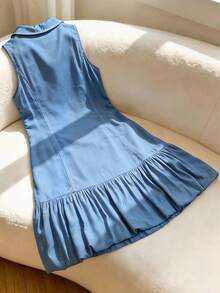 GlowEve CURVE Plus Size Collared Sleeveless Waist Cinched Dress - Blue - View 2