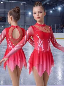 SHEIN Vestido de patinaje artístico de manga larga color rojo real para niñas, con diseño de cristales y estampado, corte ajustado de alta elasticidad y falda de malla transparente suave, diseñado para fluidez y brillo durante la práctica de patinaje, competiciones grupales y entrenamiento - Rojo - Ver 1