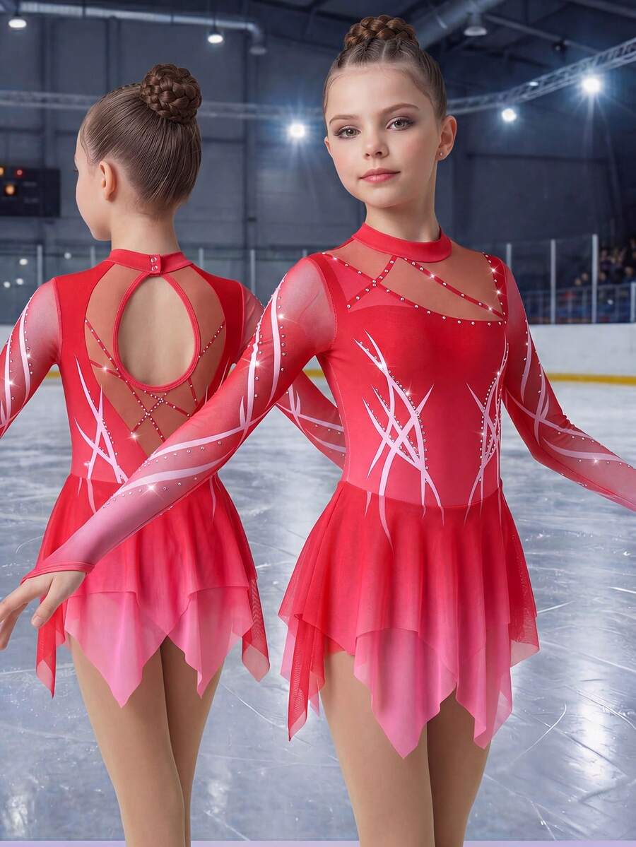 SHEIN Vestido de patinaje artístico de manga larga color rojo real para niñas, con diseño de cristales y estampado, corte ajustado de alta elasticidad y falda de malla transparente suave, diseñado para fluidez y brillo durante la práctica de patinaje, competiciones grupales y entrenamiento - Rojo - Ver 1