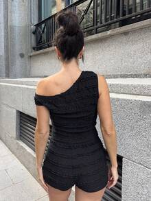Marta Soriano 女士度假春夏两件套：红白条纹针织不对称肩部短款上衣和超低腰紧身短裤，适合派对、圣诞节、情人节、约会、海滩、游轮、狂欢节、复活节 - 黑色 - 查看 2
