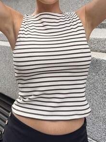 Marta Soriano 女士休闲条纹修身背心，夏季、秋季女装、冬季女装、万圣节服装、棕色上衣、条纹上衣 - 彩色 - 查看 4
