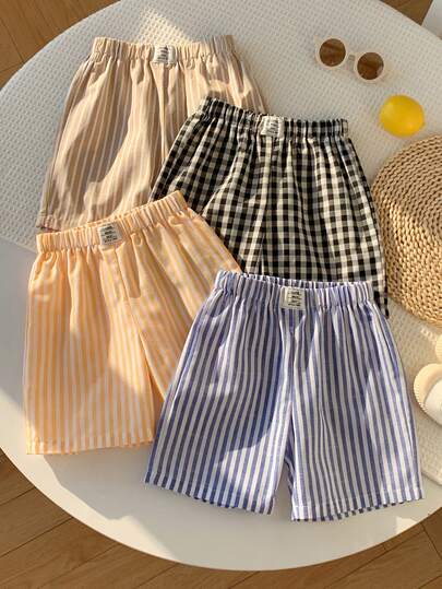 4 chiếc quần short mùa hè cho bé trai, kiểu dáng thường ngày, kẻ sọc và caro, quần short đi biển, quần short cơ bản, thích hợp cho mùa hè.