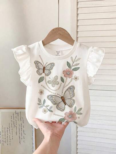 Young Girl Casual Minimalist Round Neck Bowknot Print Short Puff Sleeve T-Shirt, Versatile For Spring/Summer Daily Wear, Travel, Vacation