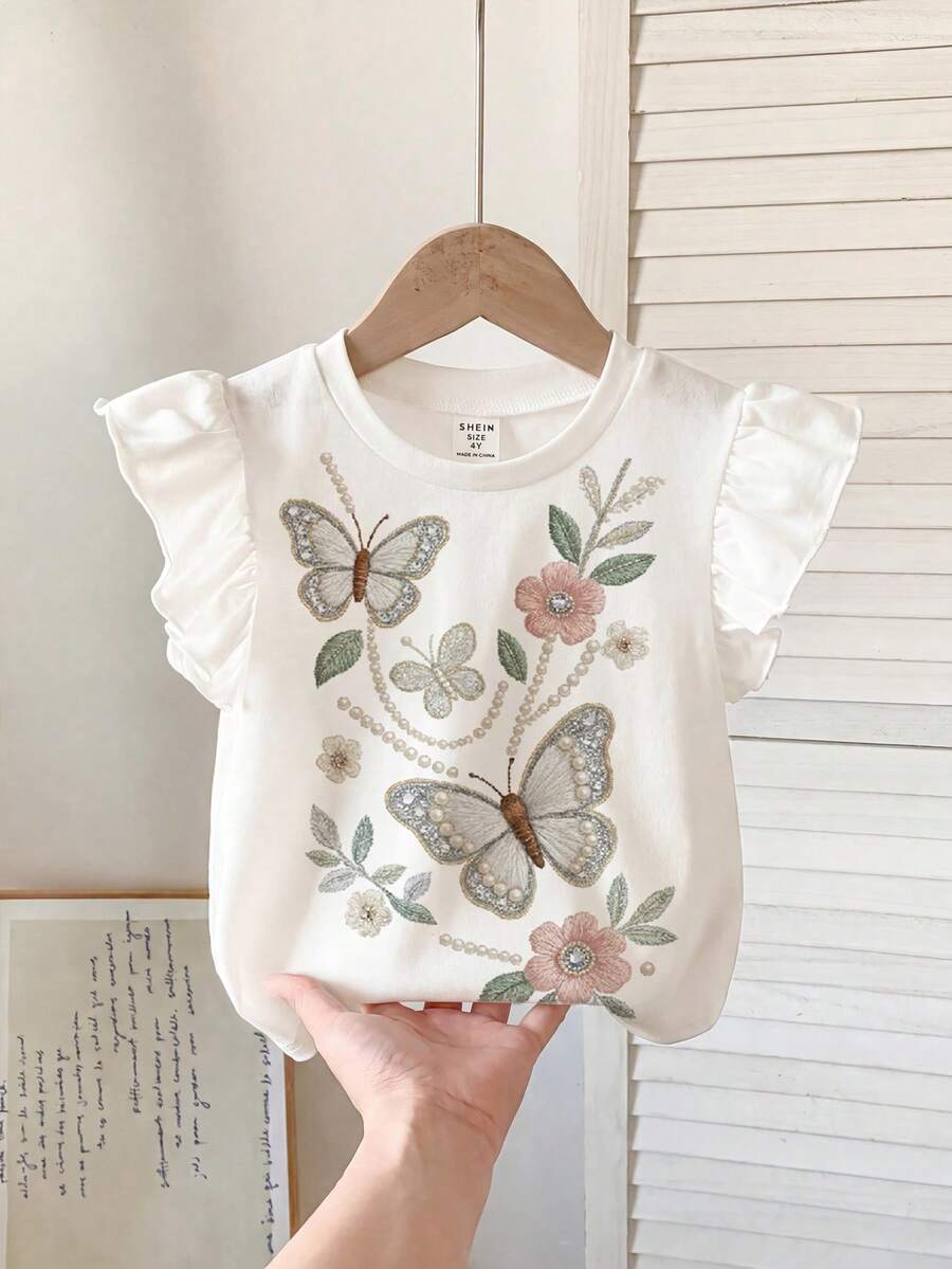 女嬰休閒時尚刺繡波西米亞花卉可愛荷葉袖圓領上衣,適合春夏季 - 彩色 - 查看 1