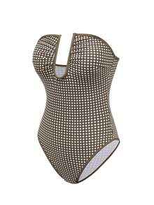 Swim Mod 2026 New Summer Women's Holiday Outfit, Women's Beach Outfit, Sexy Strapless Beachside Resort Elegant Brown One-Piece Swimsuit - Black and White - View 6