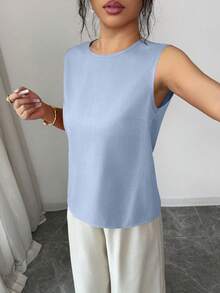 Selianne 2pcs/Set Women's Summer Elegant Work Outfit,Bamboo Fiber Sleeveless Top & Wide Leg Pants,Light Blue And White Dual-Color Casual Commuter Top & Pants - Blue - View 4