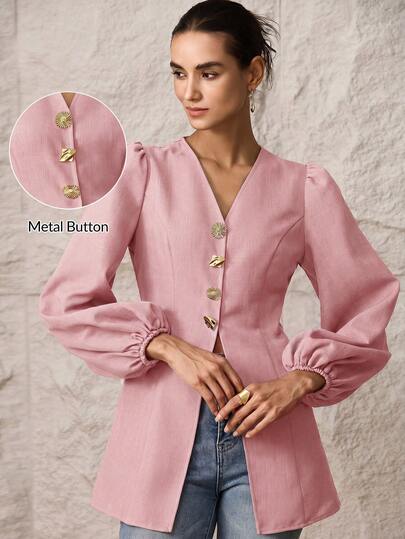 Modelyn Camicetta elegante da donna a maniche lunghe, con design a bottoni in metallo, tinta unita