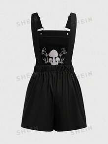ROMWE Fairycore Spring/Summer Plus Size Women's Vine & Mushroom Embroidery Jumpsuit With Straps,Back To School - Black - View 2
