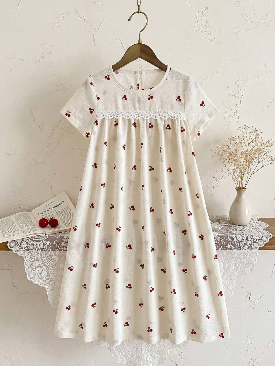 Young Girl' Cute Cherry Bubble Wrinkle Water Print Cartoon Loose Short Sleeve Nightgown - Beige - View 1