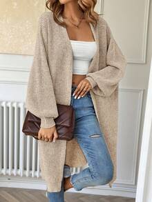SHEIN X Lucía Bellido Easowa Drop Shoulder Ribbed Knit Duster Cardigan,Long Sleeve Tops In Fall/Winter - Beige - View 1