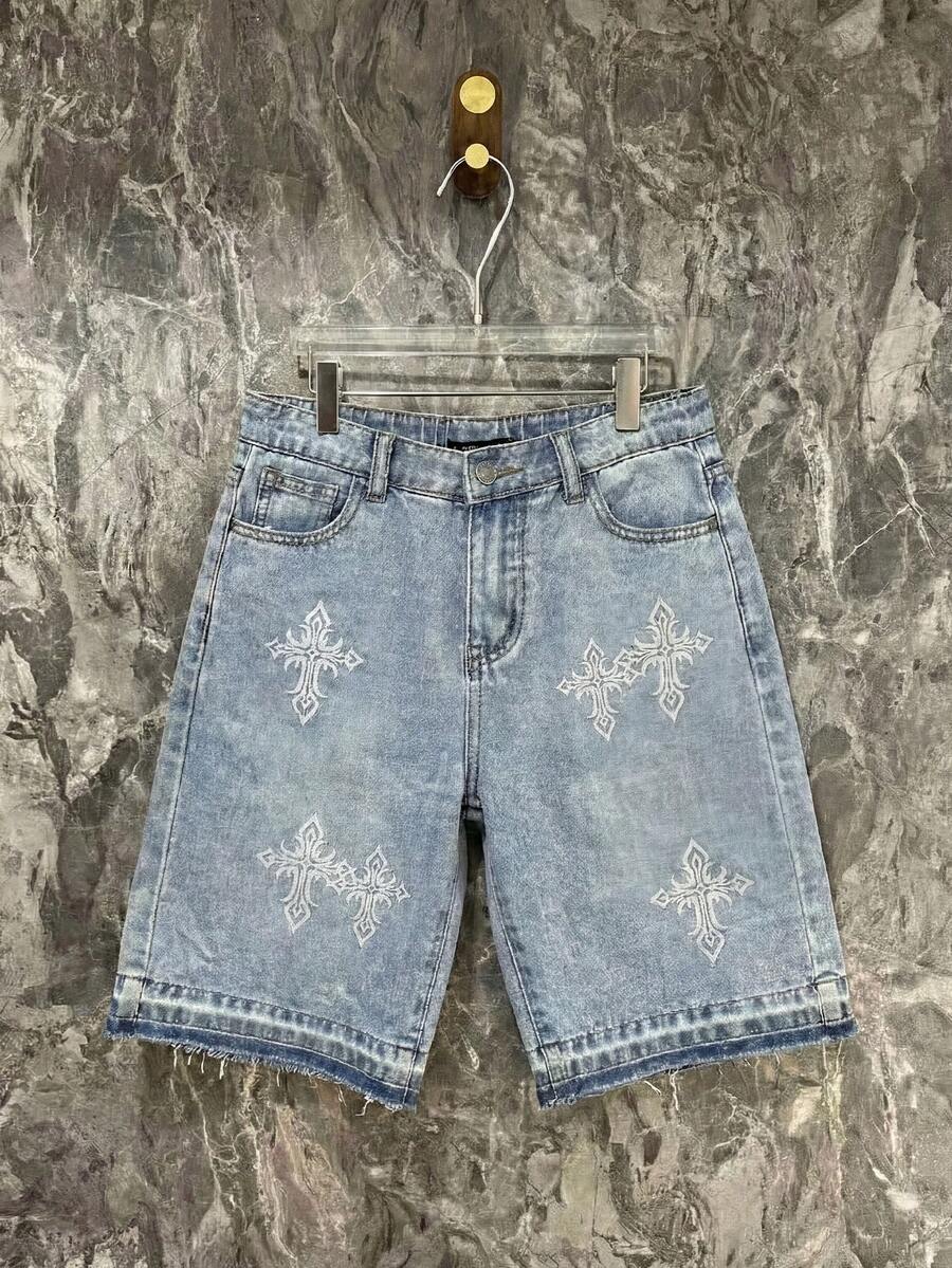 SHEIN 男童时尚返校节街头风混搭百搭设计 Y2K 白色交叉设计黑色宽松七分牛仔短裤，柔软舒适，适合日常穿着以及儿童春夏服装