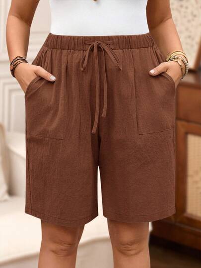 Rosumi Quần short nữ cỡ lớn mùa hè, kiểu dáng thường ngày, đi nghỉ mát, đi làm, màu trơn, cạp chun, có túi hai bên, dáng rộng.