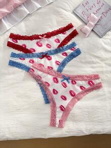 PetitDoll 3pcs/Pack Women's Lace Patchwork Hot Pink Comfortable Thong Panties Set Summer Cute - Multicolor - View 4
