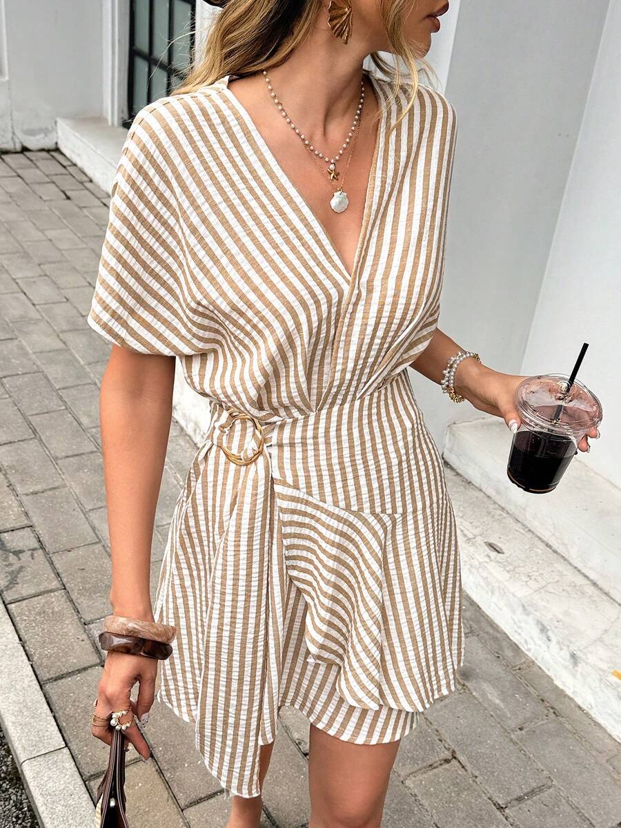 Serisse Linen Blend Batwing Sleeve Mini Wrap Dress, Casual Beach Holiday Sundress,Dresses For Women Summer - Multicolor - View 1