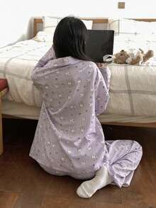 DAZY 2pcs Cute Rabbit Print Full-Print Long Sleeve Long Pants Pajama Set, Women Spring Sleepwear Outfit - Mauve Purple - View 2