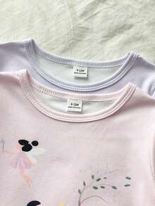 2 piezas Conjunto de vestido de manga corta ajustado para niñas, tela con estampado floral y de varita mágica, diseño cómodo de manga y dobladillo, adecuado para pijamas y ropa de estar en casa elegante y dulce para niñas - Multicolor - Ver 8