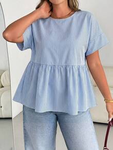 SHEIN Essnce 大码女装春夏时尚休闲宽松舒适清爽日常百搭显瘦蓝色条纹短袖衬衫，女式衬衫，夏季穿搭，简约风格，凸显曲线的可爱服装 - 藍色 - 查看 1