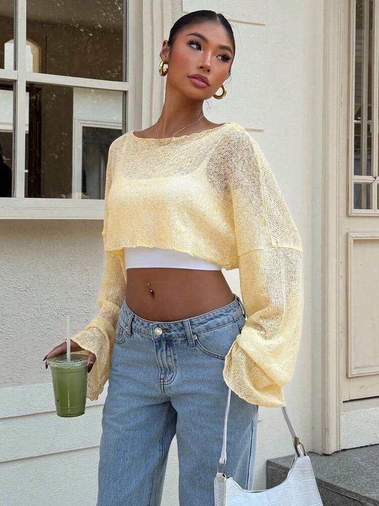 Muchica Drop Shoulder Crop Top Without Cami Top, Beach Brunch