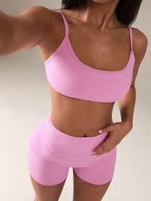 SHEIN BAE Damen Einfarbiges minimalistisches Basic Tank Top und enge Shorts Sport Set - Pink - Übersicht 4