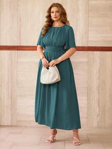 Roveilla Đầm maxi nữ cỡ lớn mùa xuân/hè kiểu Pháp lãng mạn Sicily thanh lịch thường ngày đi làm, đi nghỉ mát, dự tiệc trà chiều, chất liệu chiffon màu trơn, cổ tròn, eo xếp ly, gấu váy xếp tầng, có lớp lót, không tay. - Màu xanh ngọc - Xem 7